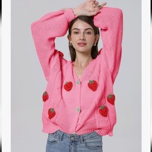 Pink Strawberry Knit Cardigan Sweater